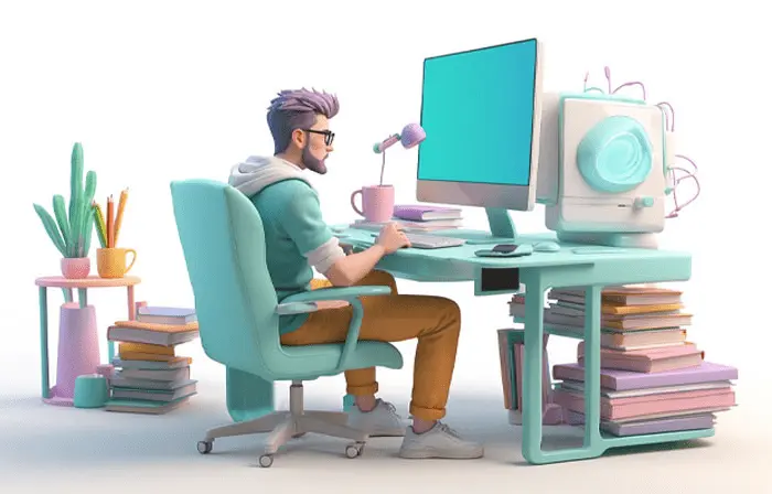 Workspace with a Computer in the Home Office 3D Design Character Illustration